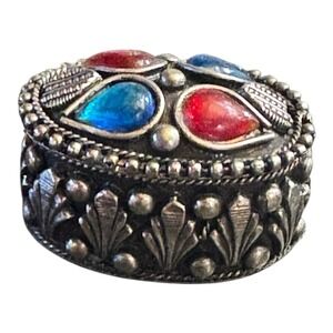 Vintage Boho Metal Trinket Box Pill Box Tibetan Style Cabochon Stones Unmarked